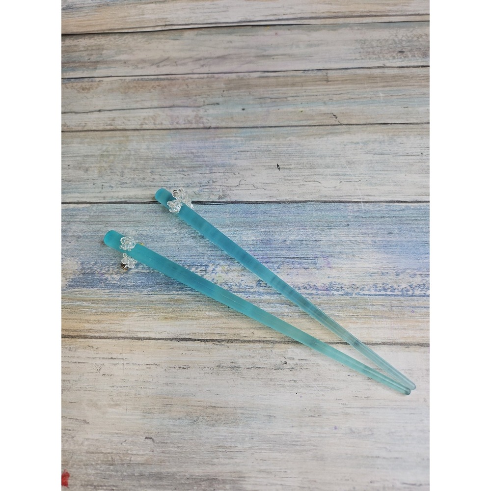 Blue Hair Stick Retro  7" Hair Chopsticks Acrylic Crystal Beads Rhinestone